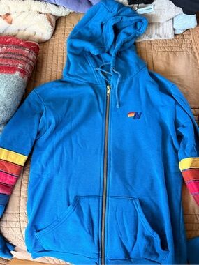 Aviator Nation Bright Blue Zip Hoodie with Multicolor Stripe Sleeves